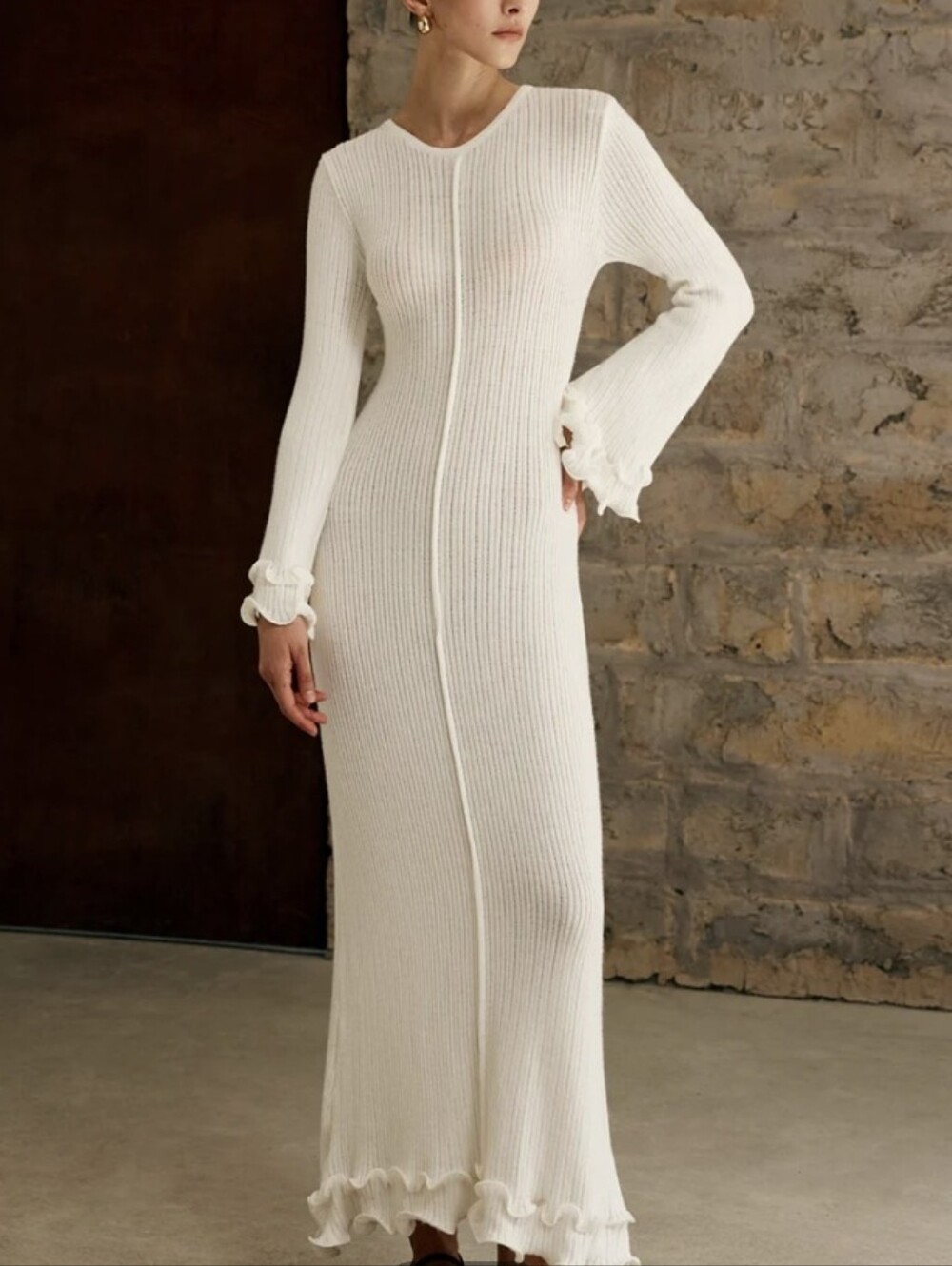 Commense Knit Maxi Dress Ruffle Sleeves Piping Drawstring Trim Semi Sheer S NWT - Picture 8 of 11